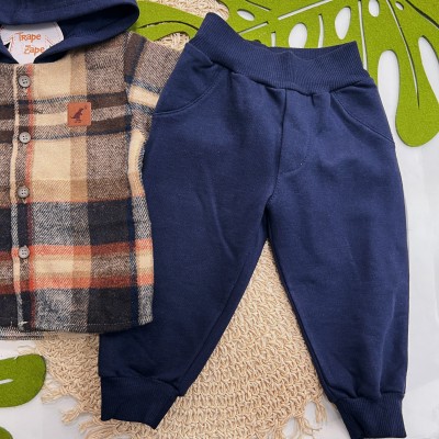 Inverno 2025 - Conj. Casaco Flanelado Dino Xadrez e Calça em Moletom - Caramelo e Marinho